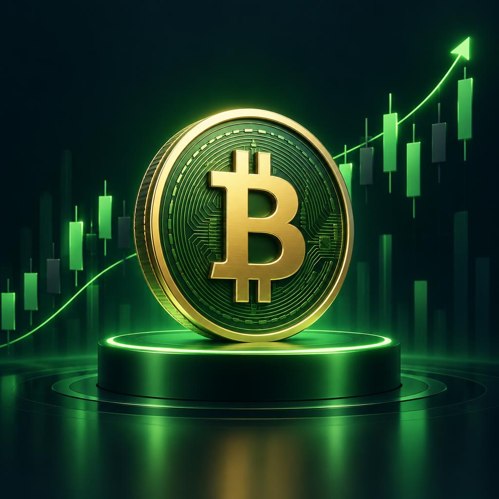 Bitcoin coin rising on a green trading chart